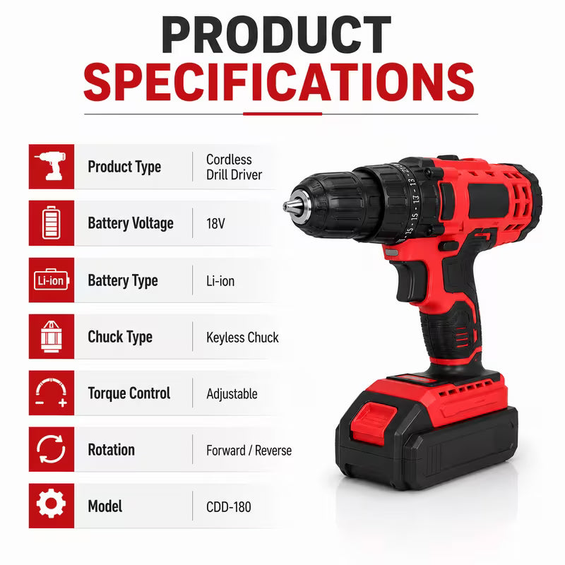 Red & Black 18V Cordless Drill Driver Kit - 13mm Keyless Chuck, Rechargeable Battery Powered, 2 Batteries, Ergonomic Electric Power Drill, ABS & Metal Construction, Portable Tool Set with Carry Case for Home, Woodworking And DIY Projects