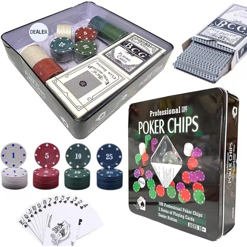 Kids Game Set - Multicolor 100 Playing Chips, 2 Decks of Playing Cards & Tin Storage Box, Family Game Night Set, Fun Party Activity, Birthday Gift for Kids & Families