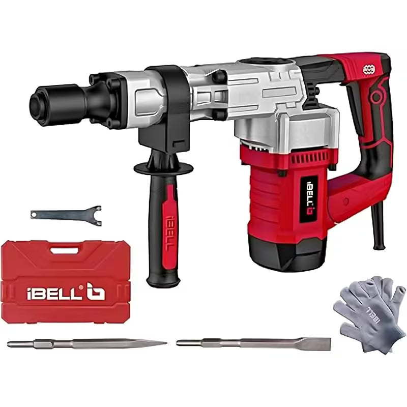 Ibell DH20-30 Demolition Hammer - Red/Black, 1300W Motor, 6.2Kg Heavy Duty Rotary Hammer, 3700BPM, 16J Impact Energy, 17mm Hex Chuck, Vibration Control Knob, Demolition Tool with Storage Box