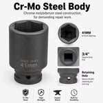 41mm Deep Impact Socket - Black, 3/4 Inch Square Drive, Cr-Mo Steel 6-Point Socket, Heavy-Duty Deep Socket for Impact Wrench, Ratchet & Breaker Bar, Automotive & Machinery Repair