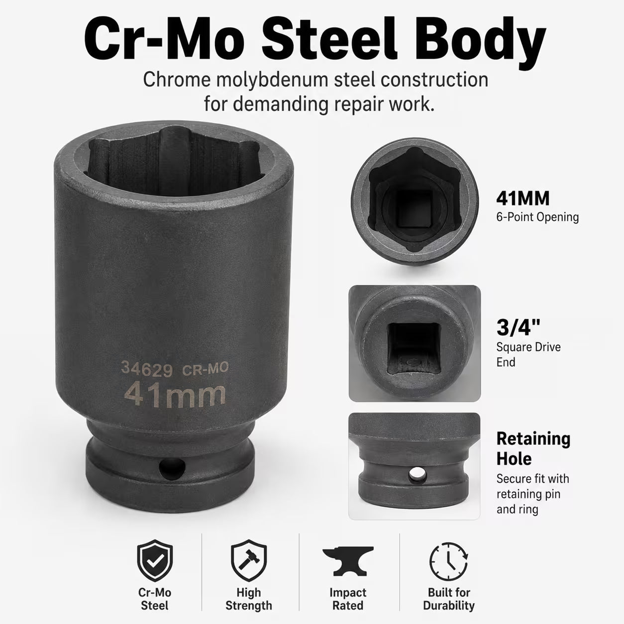 41mm Deep Impact Socket - Black, 3/4 Inch Square Drive, Cr-Mo Steel 6-Point Socket, Heavy-Duty Deep Socket for Impact Wrench, Ratchet & Breaker Bar, Automotive & Machinery Repair