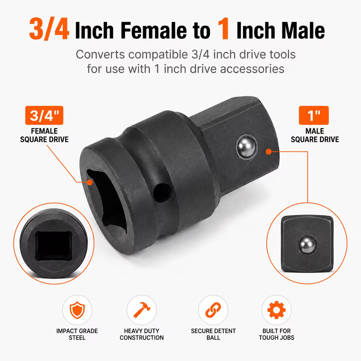 3/4-Inch Female to 1-Inch Male Impact Socket Adapter – Black, Chrome Molybdenum Steel Drive Converter for Impact Wrench & Breaker Bar