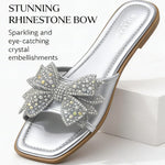 Women’s Square-Toe Rhinestone Bow Slide Sandals – Cushioned Flat Slip-On Shoes