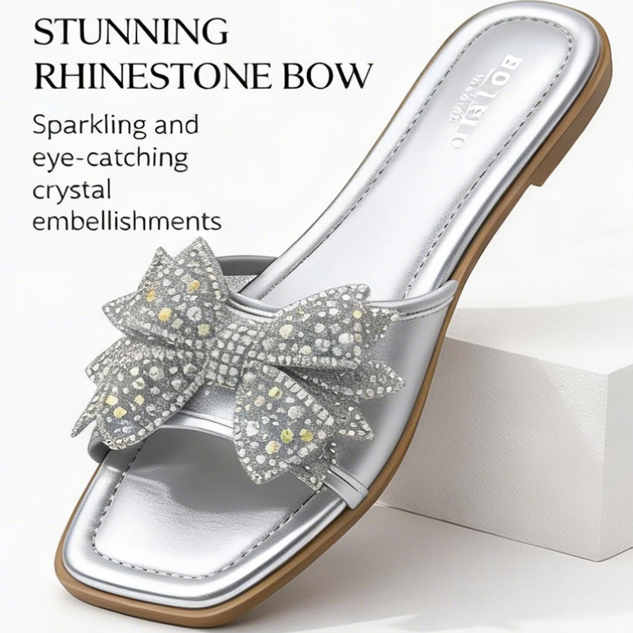 Women’s Square-Toe Rhinestone Bow Slide Sandals – Cushioned Flat Slip-On Shoes