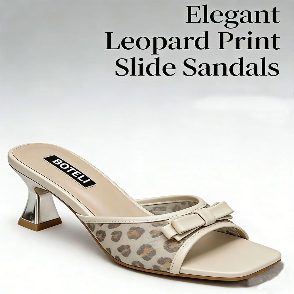 Women's Leopard Print Bow Mules – Square Toe, Metallic Heel, Slip-On Sandals