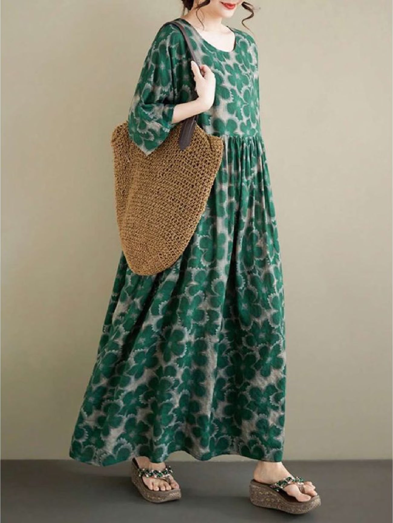 Elegant Long Women's Summer Dress – Green Floral A-Line Dress