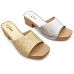 Women's Woven Rattan Mule Slides – Metallic Square Toe, Block Heel Sandals