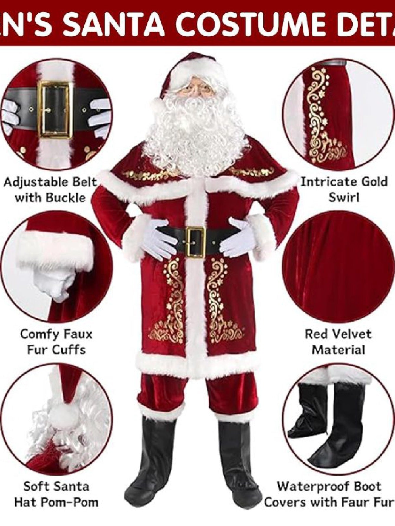12-Piece Adult Luxury Velvet Santa Claus Costume Set – Deluxe Men’s Holiday Santa Suit