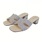 Women's Rhinestone Mule Sandals – Square Toe, Block Heel, Glittery Cut-Out Design