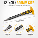 12-Inch 300mm Point Chisel – Black & Red, Masonry Concrete Chisel with Hand Guard & Protective Grip for Brick, Stone, Tile & DIY