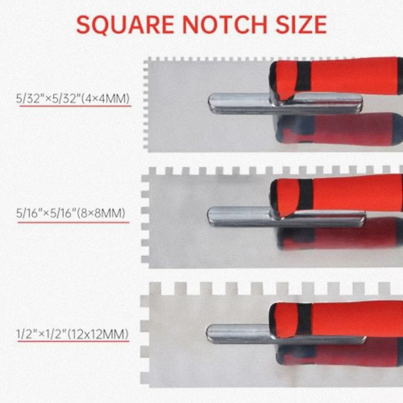Square Notched Tile Trowel Set - Trowel & Float Set, 3 Stainless Steel Notched Trowels, Rubber Grout Float, 2 Grout Sponges & Work Gloves, Masonry Tiling Tools for Flooring Installation
