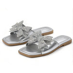 Women’s Square-Toe Rhinestone Bow Slide Sandals – Cushioned Flat Slip-On Shoes