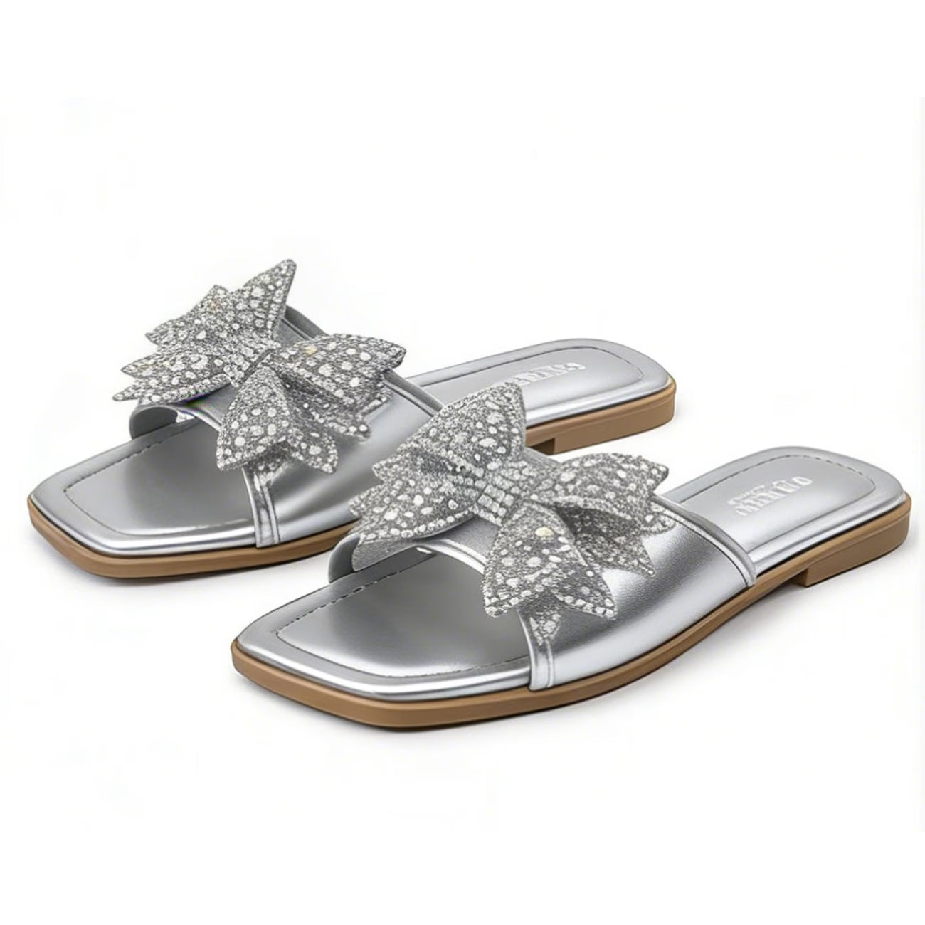 Women’s Square-Toe Rhinestone Bow Slide Sandals – Cushioned Flat Slip-On Shoes