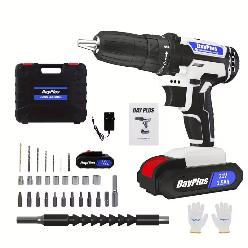 Cordless Drill Rechargeable - Blue/White, LED Light, Variable Speed, Two-Speed Adjustable Electric Drill, Rechargeable Battery, Cordless Design, Power Drill for Wood Drilling, Home Renovation And DIY Projects