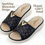 Women’s Rhinestone Platform Slide Sandals – Open-Toe Wedge Shoes with V-Metal Accents