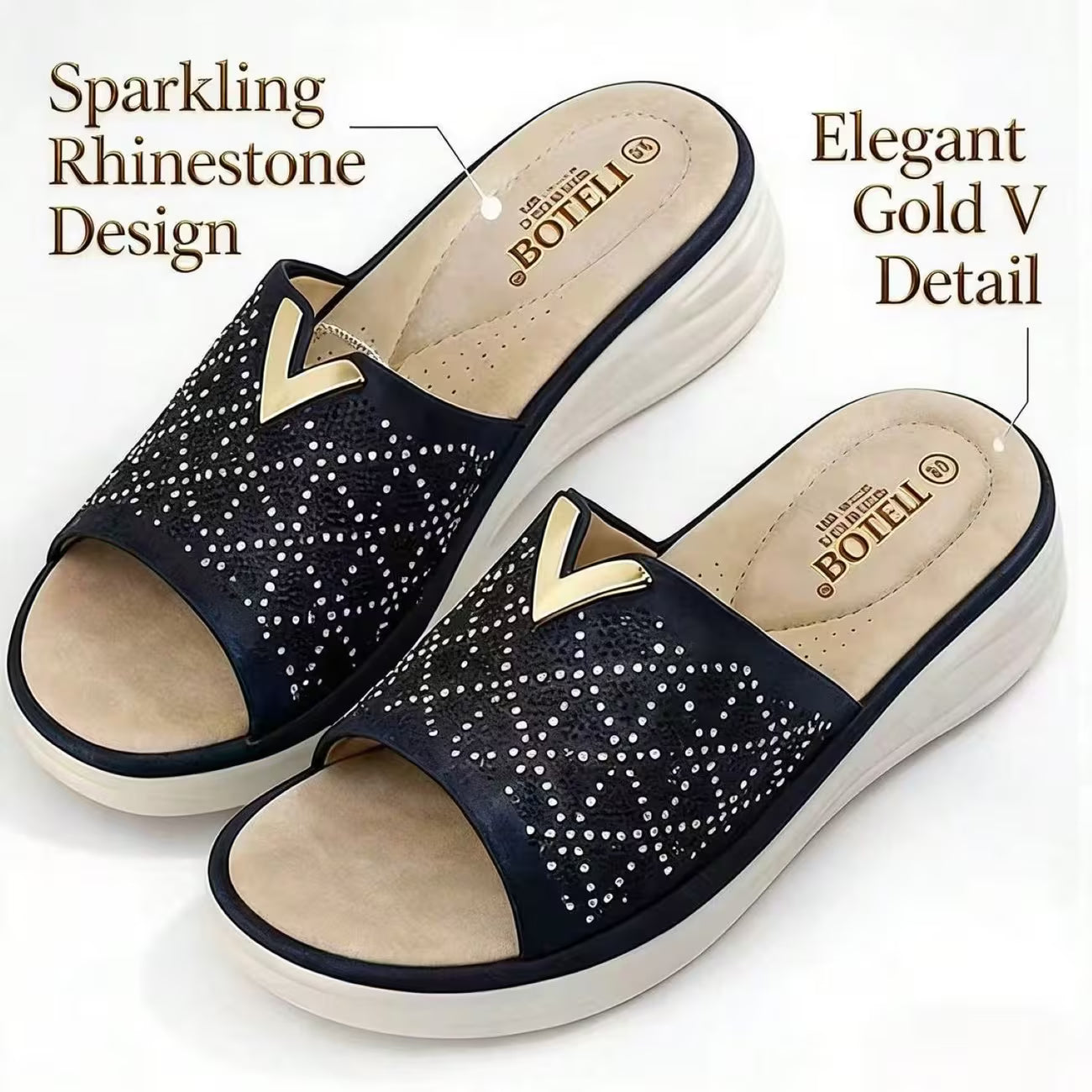 Women’s Rhinestone Platform Slide Sandals – Open-Toe Wedge Shoes with V-Metal Accents