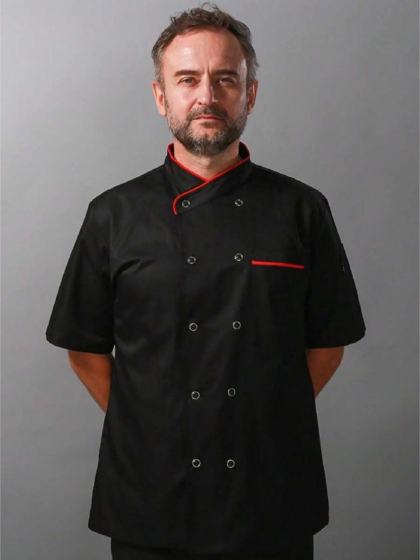 Men’s Short-Sleeve Double-Breasted Chef Jacket in Black (Size: AE XXS) – Breathable Kitchen & Restaurant Uniform