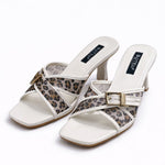 Women's Leopard Print Mule Sandals – Crisscross Straps, Square Toe, High Heel