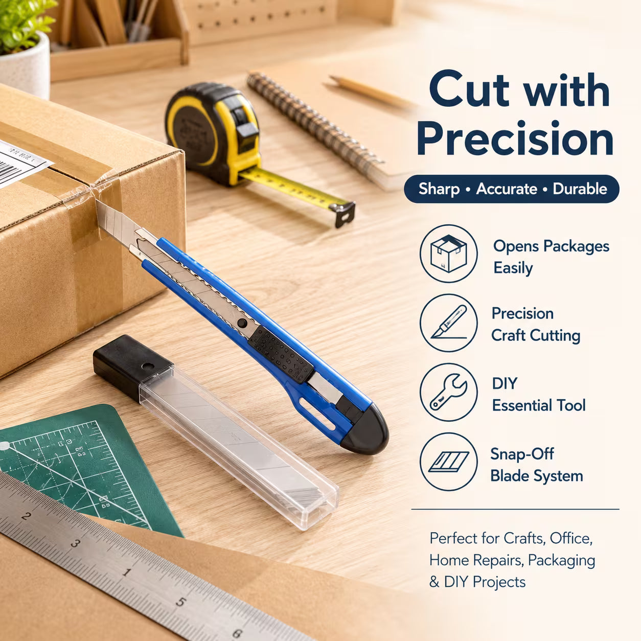 9mm Utility Knife Set – Blue, Automatic Lock Snap-Off Box Cutter, Carbon Steel Blade, 5 Replacement Blades, ABS Handle for Office, Crafts & DIY