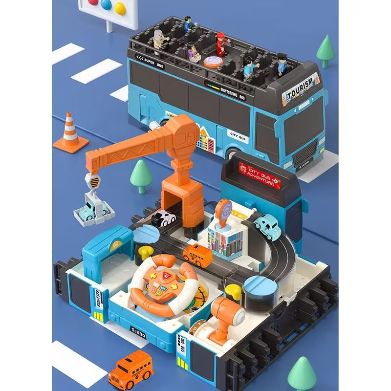 Race Track Car Adventure Toy - Blue Transforming Bus Rescue Vehicle with Sound & Light, Play Vehicle for Kids Ages 3-8, Car Rescue Adventure Toy, Transforming Vehicle Playset, Gift for Boys & Girls