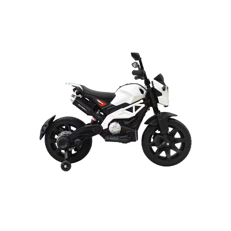 VLRA BIKE Electric Toy Motorcycle for Kids - White Battery Powered Ride-On Motorcycle with Training Wheels, Electric Drive, Kids Riding Toy for Ages 3-6, Outdoor Play Vehicle