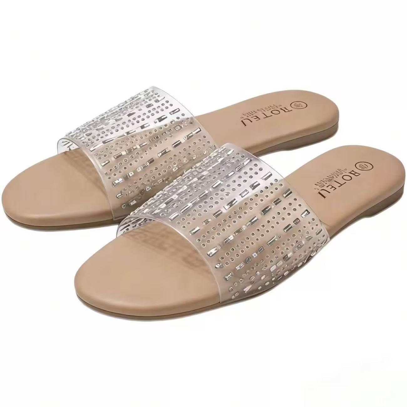Women’s Clear Rhinestone Slide Sandals – Open-Toe Flat Shoes with Transparent Straps