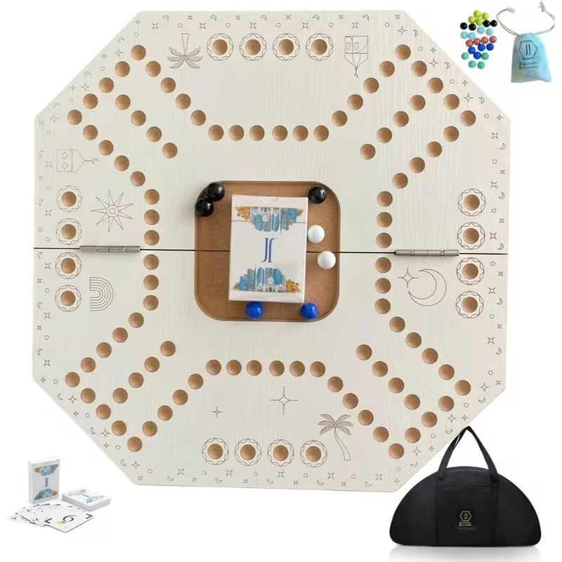 JackarooJoker Jackaroo One-Side Board Game - White & Natural Wood, Folding Wooden Game Board with Marbles, Playing Cards & Storage Bag, 4-Player Family Strategy Game