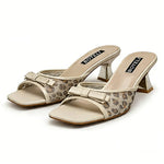 Women's Leopard Print Bow Mules – Square Toe, Metallic Heel, Slip-On Sandals