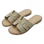 Women’s Cross-Strap Flat Slide Sandals – Open-Toe Shoes with Golden Buckle