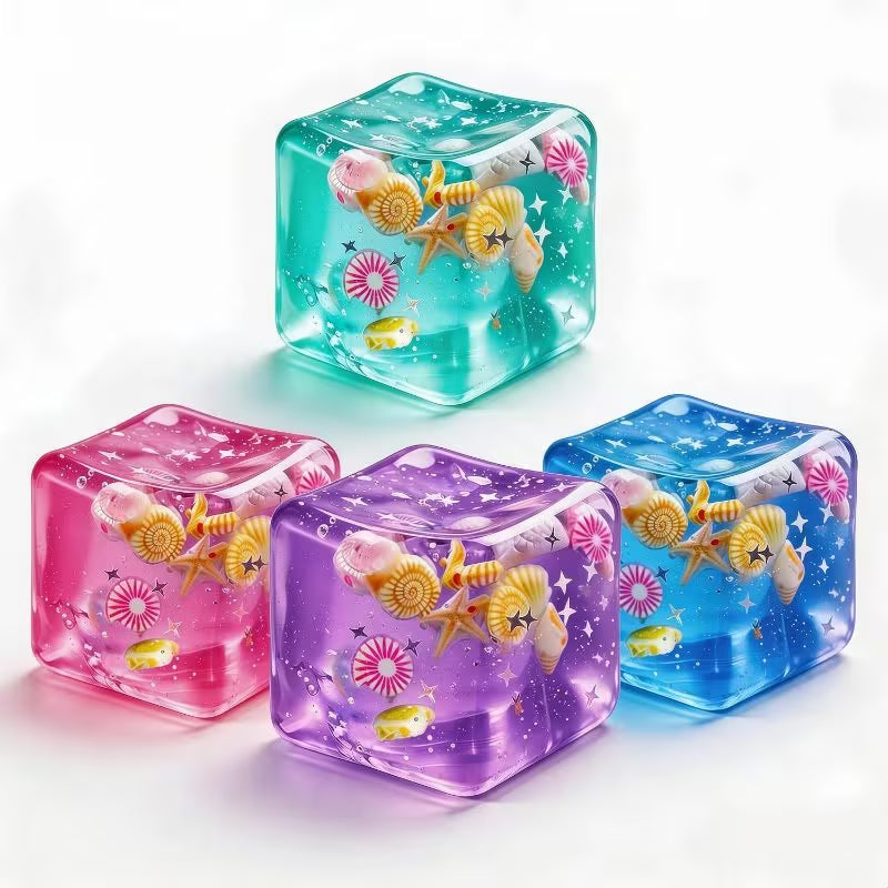 Blue & Multicolor 4-Pack Cube of Ice Stress Balls – Soft Seashell Dough Fidget Toys for Relaxation