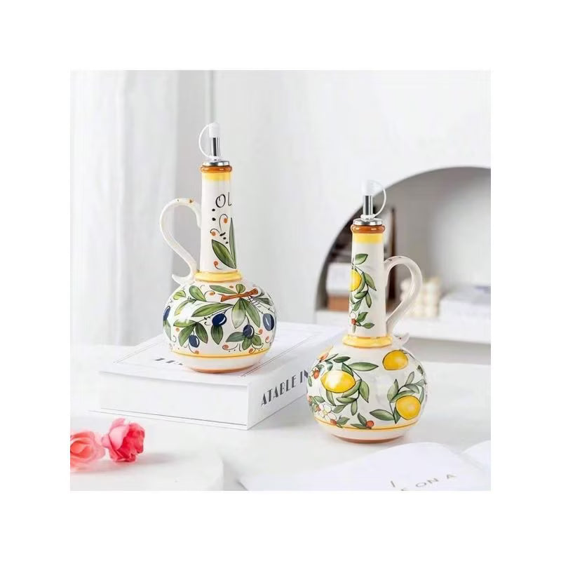 Ceramic Olive Oil & Vinegar Dispenser – Decorative Round Kitchen Bottle
