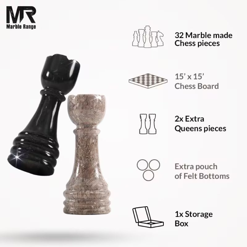 Premium Handcrafted Oceanic Chess Set 38.1 cm - Black Chess Board with 32pcs Pieces & 2 Queens, Luxury Travel Chess Game, Elegant Modern Home Decor, Storage Box Included