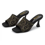 Women's Square-Toe Mule Sandals – Embroidered Mesh, Spool Heel, Golden Thread Detail