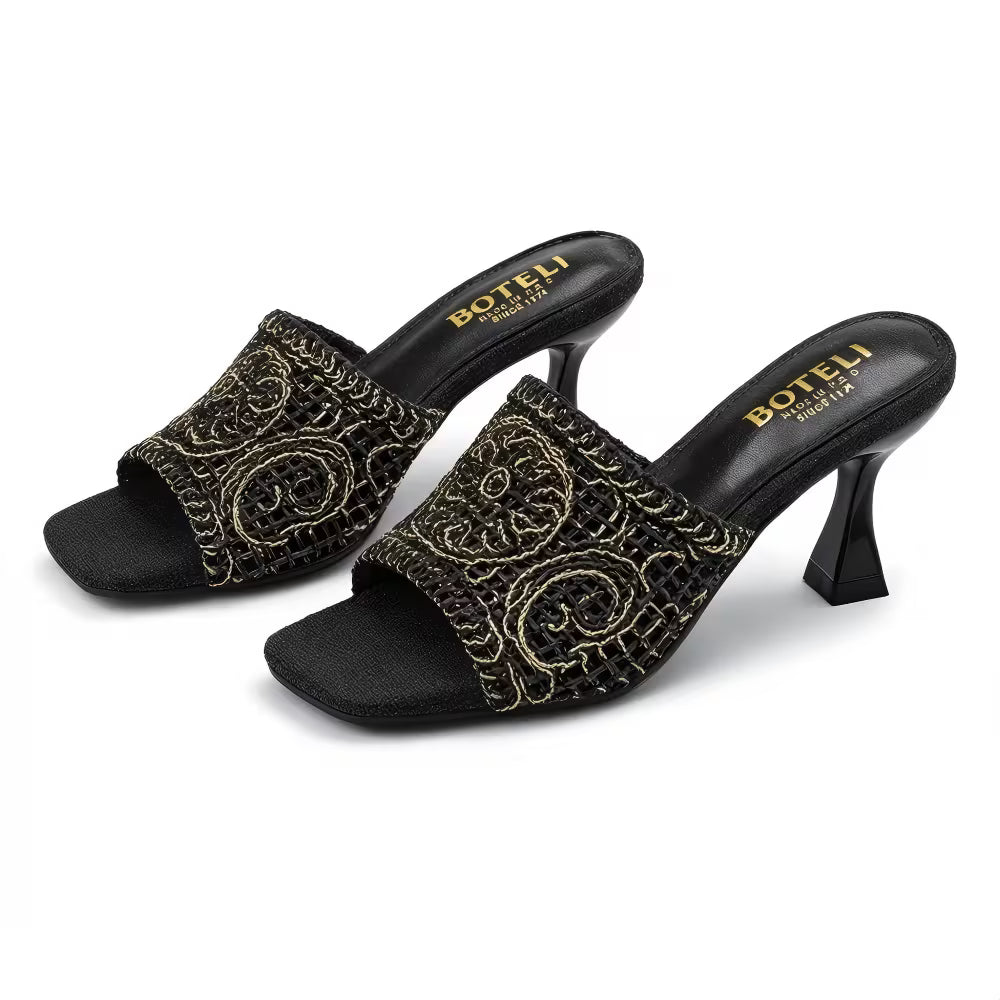 Women's Square-Toe Mule Sandals – Embroidered Mesh, Spool Heel, Golden Thread Detail