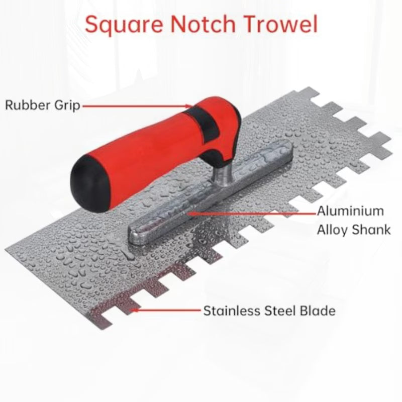 Square Notched Tile Trowel Set - Trowel & Float Set, 3 Stainless Steel Notched Trowels, Rubber Grout Float, 2 Grout Sponges & Work Gloves, Masonry Tiling Tools for Flooring Installation