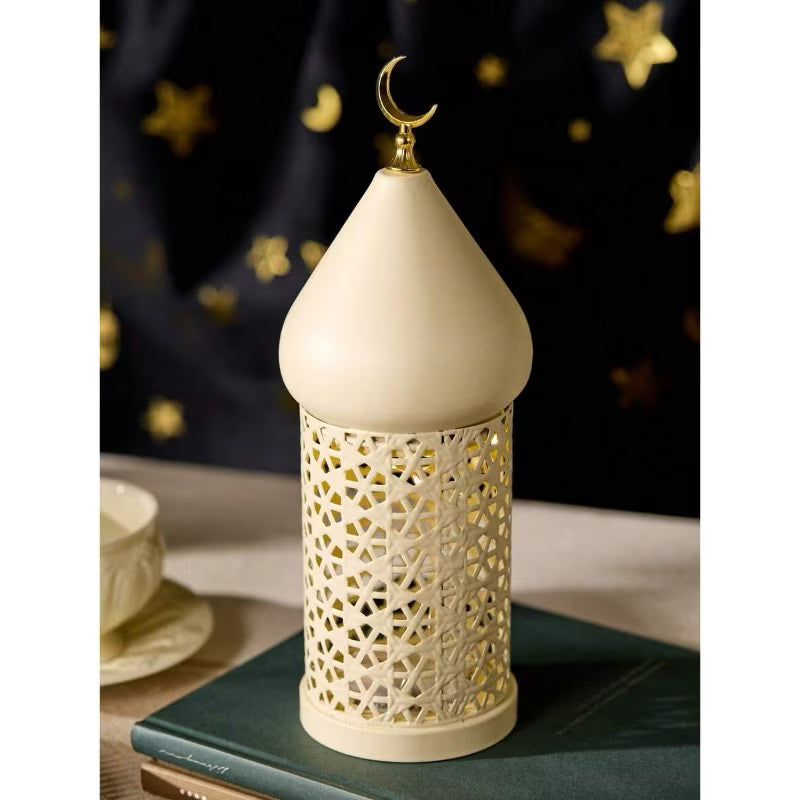 Ramadan & Eid Table Lamp - Off-White, Intricate Metal Design with Fairy Lights, Festive Decorative Centerpiece, USB Powered, Modern Islamic-Inspired Home & Party Decor