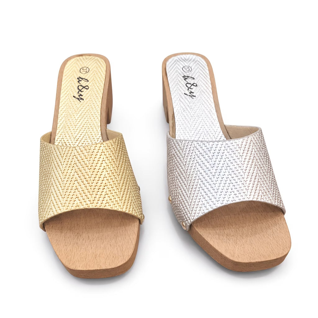 Women's Woven Rattan Mule Slides – Metallic Square Toe, Block Heel Sandals