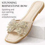 Women’s Square-Toe Rhinestone Bow Slide Sandals – Cushioned Flat Slip-On Shoes