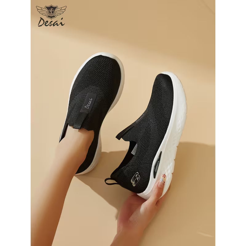 Desai Women's Breathable Knitted Slip-On Sneakers – Cushioned Walking Shoes
