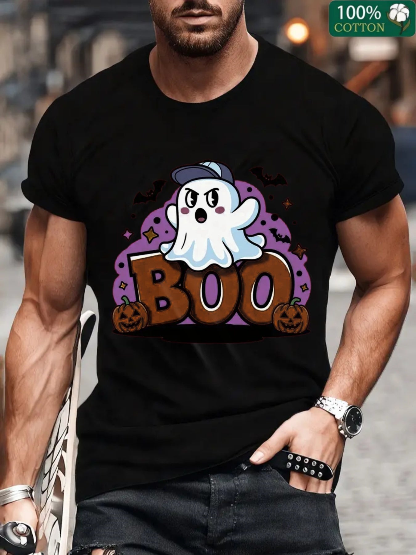 Men’s Funny "Boo" Ghost & Pumpkin Halloween Tee – 220 GSM Heavyweight Cotton Graphic T-Shirt