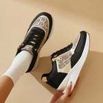 Women's Vintage Wedge Platform Sneakers – Letter Print, Metal Side Zipper, Breathable Mesh