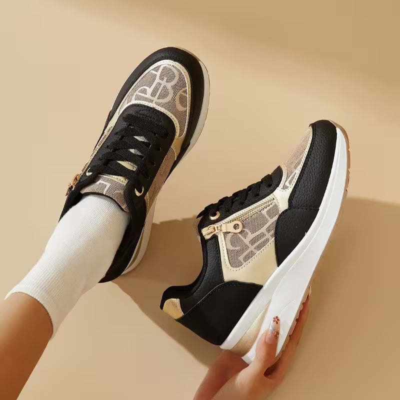 Women's Vintage Wedge Platform Sneakers – Letter Print, Metal Side Zipper, Breathable Mesh