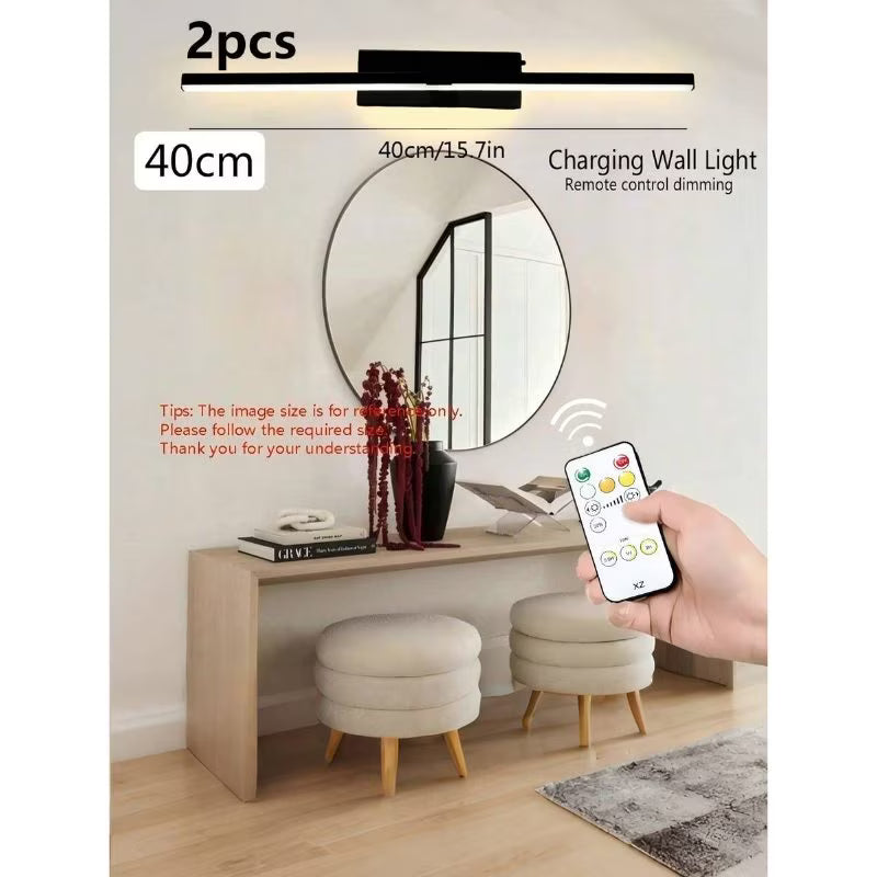 Rechargeable Mirror Wall Lights - Black + Steampunk Dark, 2pcs 40cm, Wireless LED Wall Lamps with Remote Control, Modern Decorative Lighting for Living Room, Hallway, Bathroom, Dining Area & Cabinet