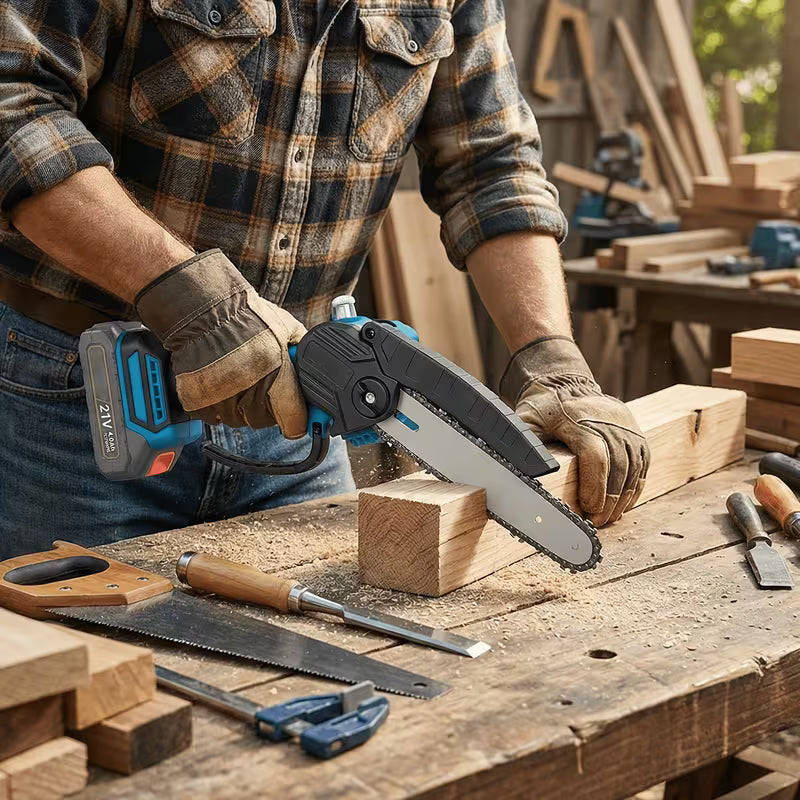 Blue 6-Inch Cordless Mini Chainsaw - 21V Battery Powered, 2pcs Rechargeable Batteries, One-Hand Electric Chainsaw, Handheld Wood Cutting Tool, Compact Chainsaw for Woodworking, Garden Trimming And DIY Projects