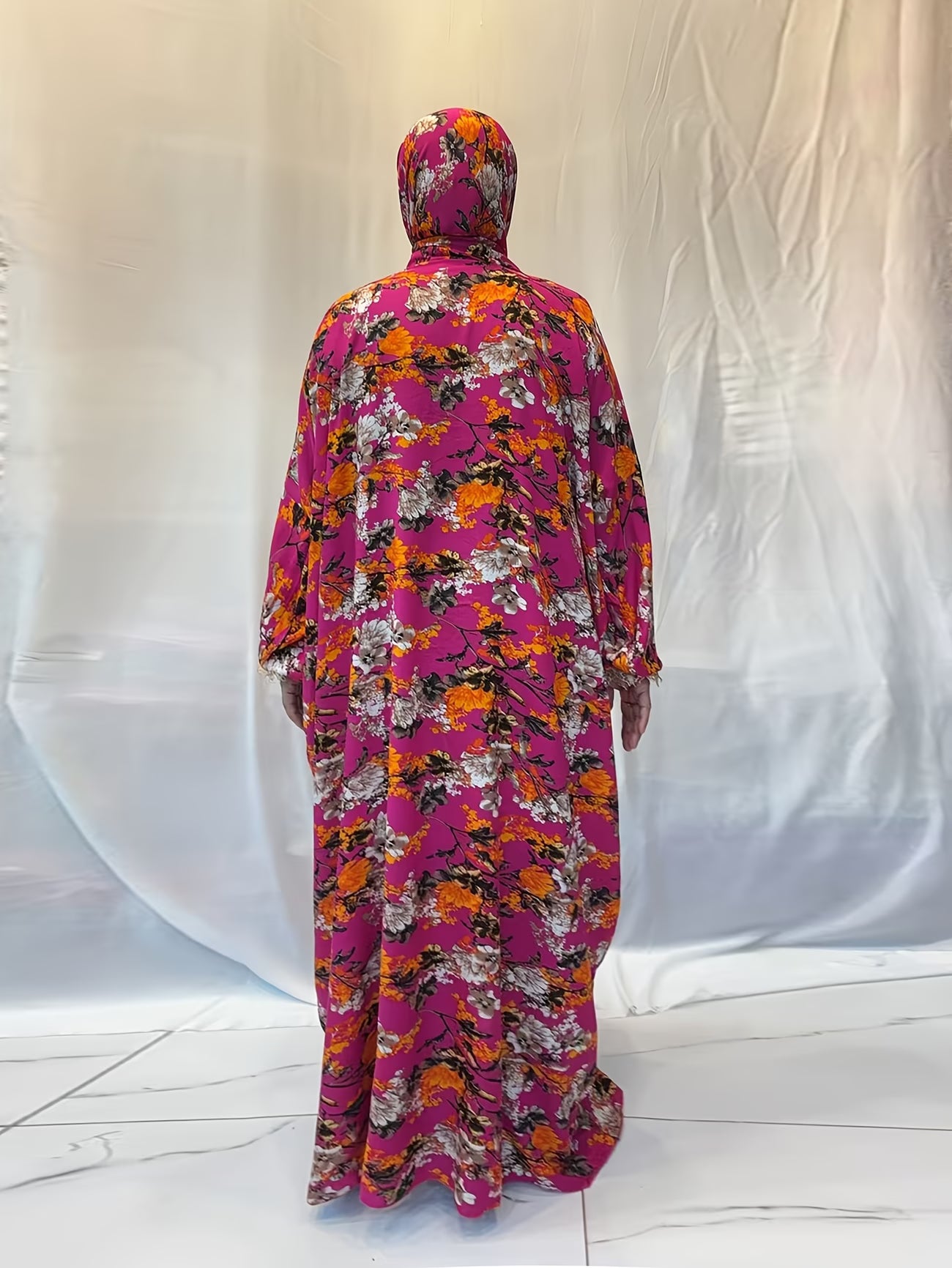 Plus Size Women’s Embroidered Lace Prayer Robe – Floral Long Dress with Lantern Sleeves