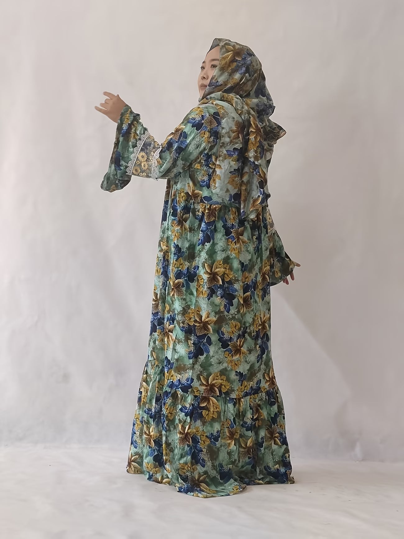 Plus Size Women’s Elegant Lace Robe Dress with Scarf Detail – Modest Long Dress