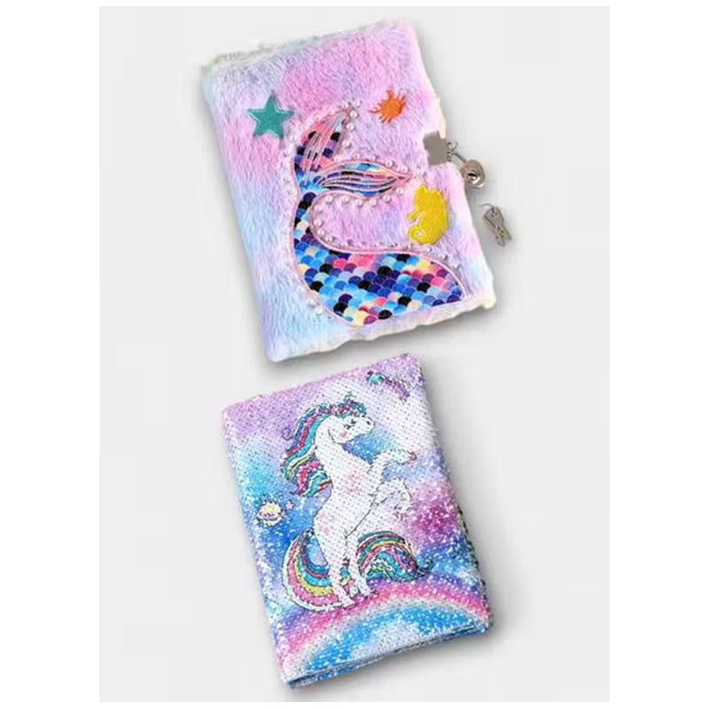 2-Piece Multicolor A5 Cute Unicorn & Fishtail Lock Plush Notebook Set – Reversible Sequin Locking Journals for Kids