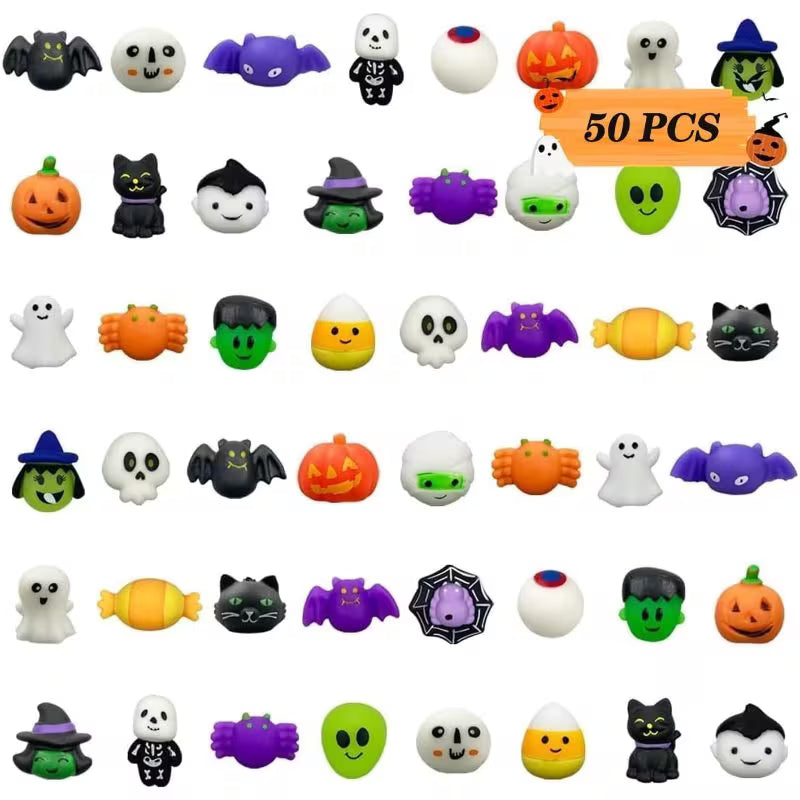 50PCS Mixed Color Halloween Foam Toys – Cute Mochi-Style Stress Relief Fidget Toys with Assorted Halloween Characters for Party Favors, Trick-or-Treat Bags & Classroom Prizes