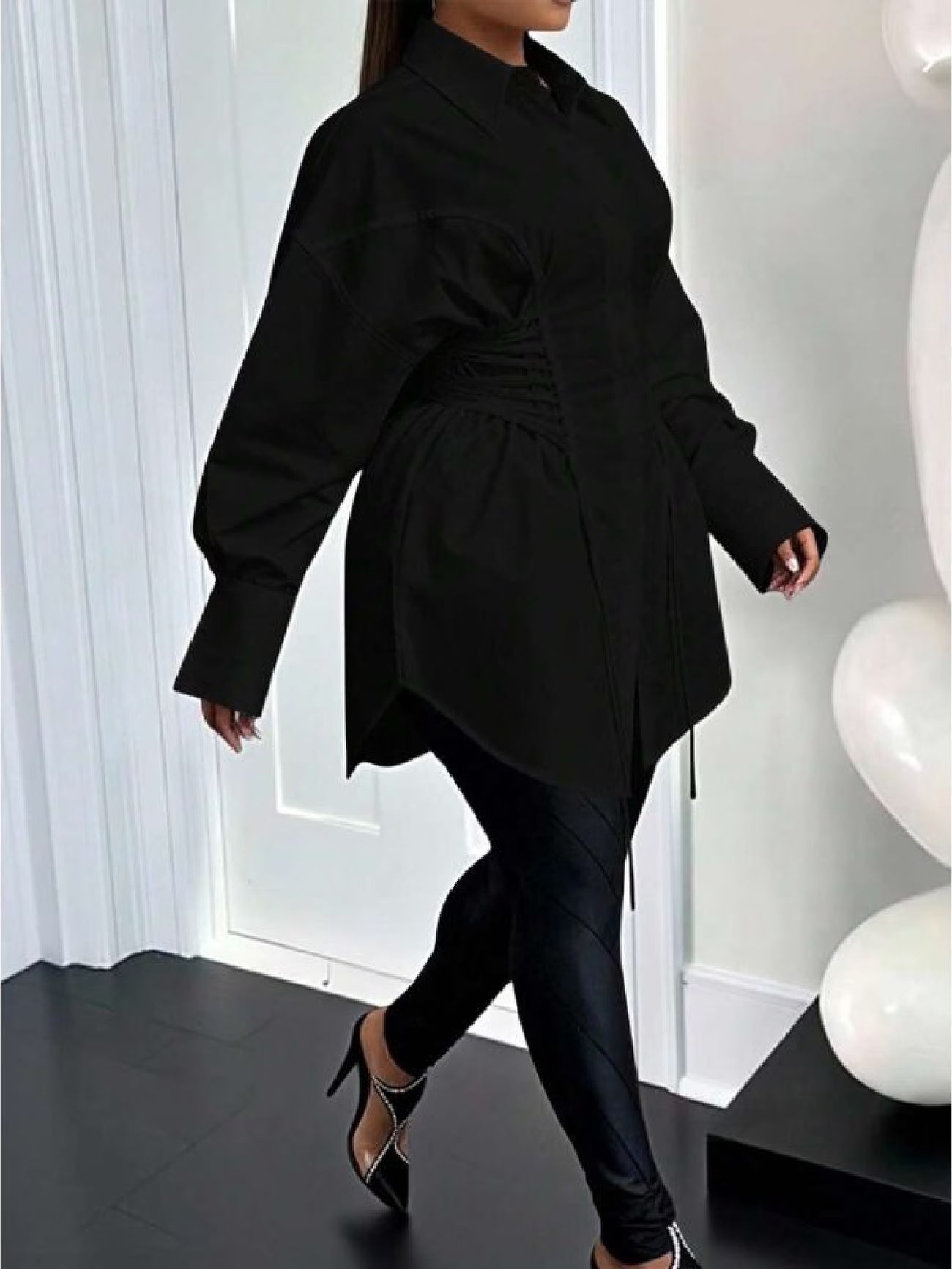 Plus Size Women’s A-Line Dress with Puff Sleeves, Tie Waist & Zipper