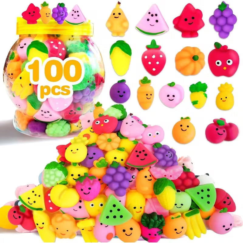 100PCS Fruit Color Kawaii Mochi Squishies Set – Cute Mini Fidget Toys for Stress Relief, Classroom Rewards, Birthday Party Favors & Kids Gift Bags